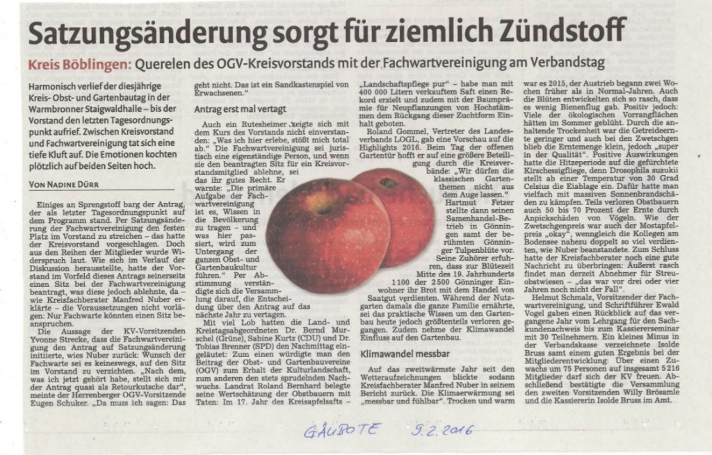 Presseartikel vom GÄUBOTE vom Samstag beim Kreis- Obst- und Gartenbautag in Warmbronn am 07.02.2016